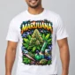 Marijuana Glow on a model wearing a white graphic T-shirt with C63s.com hem branding