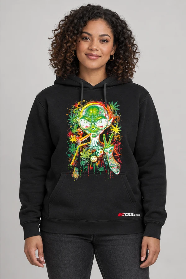 Intergalactic Haze Pullover Hoodie on a black garment with embroidered C63s.com logo