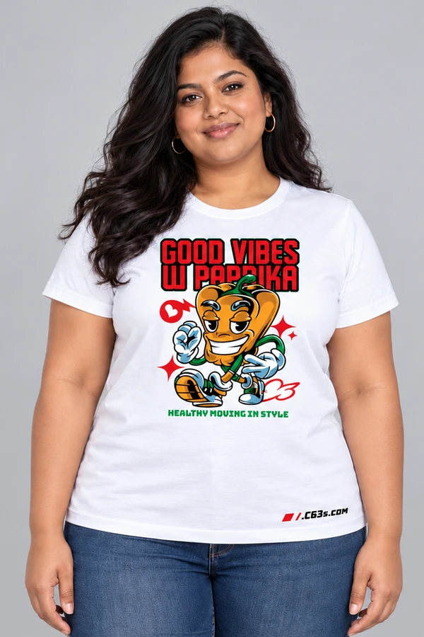 Paprika Good Vibes on a white garment with embroidered C63s.com logo