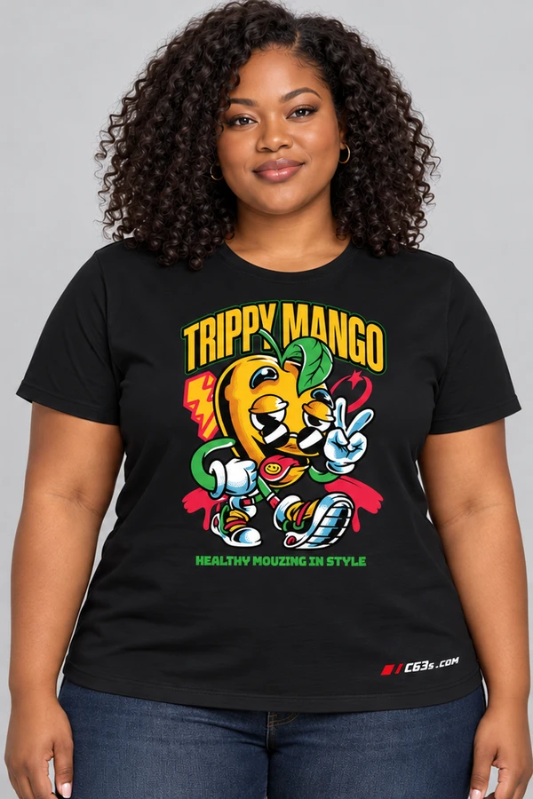 Trippy Mango on a black garment with embroidered C63s.com logo