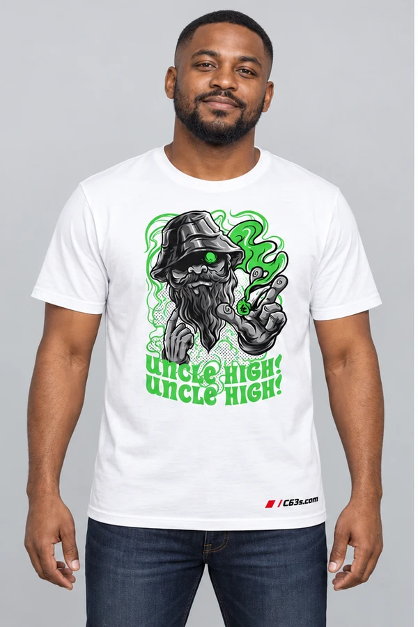 Uncle High on a white garment with embroidered C63s.com logo