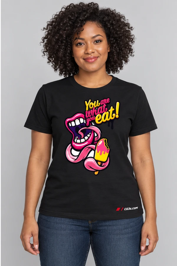 You Are What You Eat on a black garment with embroidered C63s.com logo
