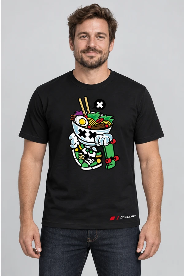 Ramen Skater on a black garment with embroidered C63s.com logo