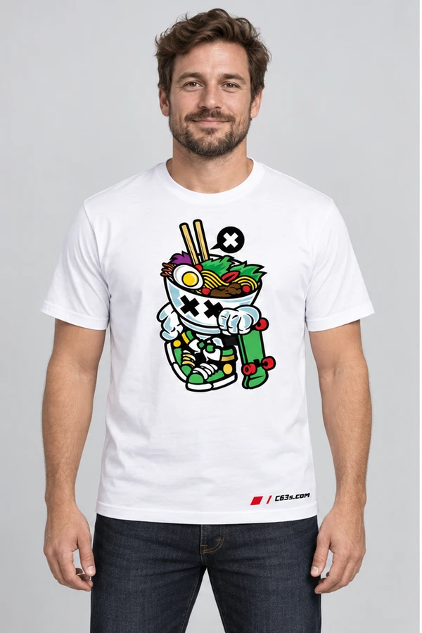 Ramen Skater on a white garment with embroidered C63s.com logo