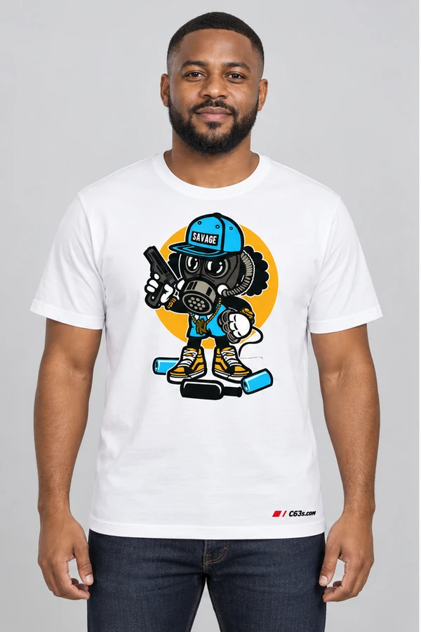 Savage Skater on a white garment with embroidered C63s.com logo
