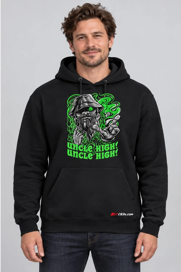Uncle High Hoodie on a black garment with embroidered C63s.com logo