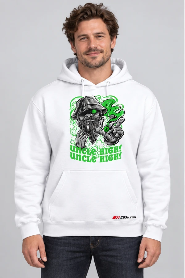 Uncle High Hoodie on a white garment with embroidered C63s.com logo