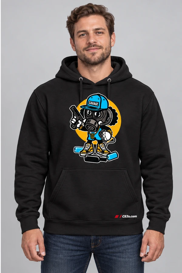 Savage Skater Hoodie on a black garment with embroidered C63s.com logo