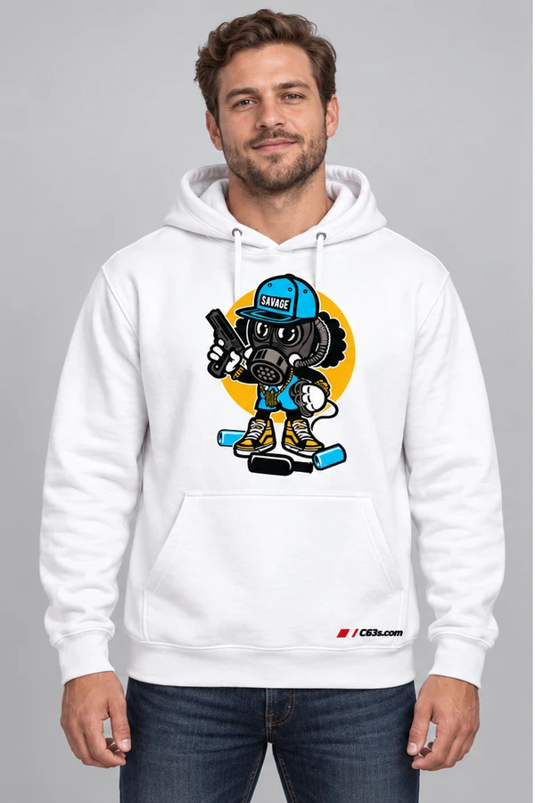Savage Skater Hoodie on a white garment with embroidered C63s.com logo