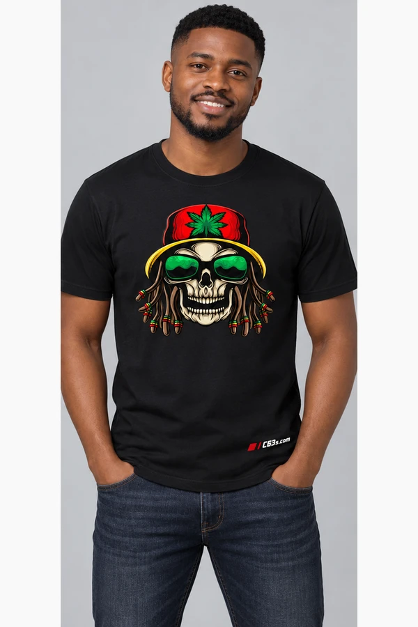 Weed Rasta Skull on a black garment with embroidered C63s.com logo