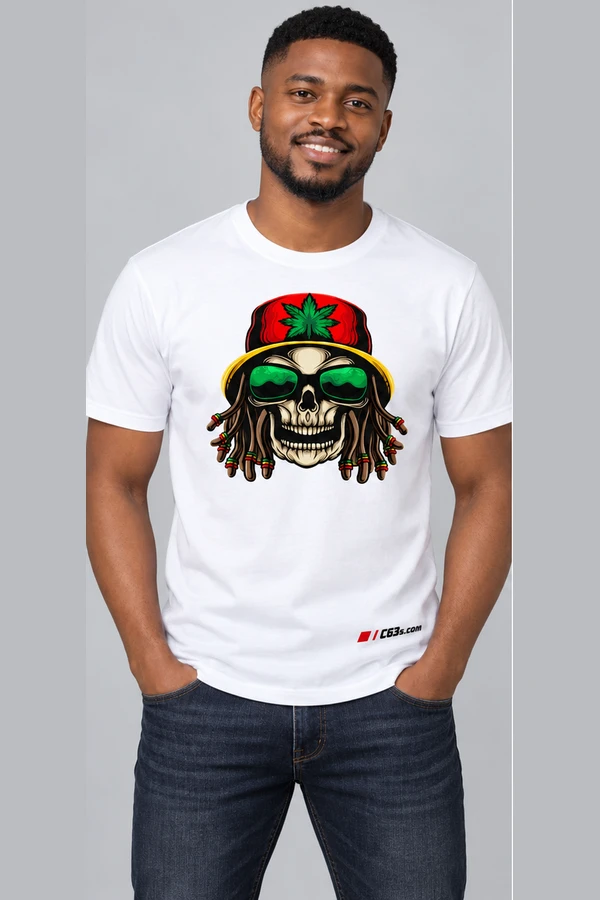 Weed Rasta Skull on a white garment with embroidered C63s.com logo