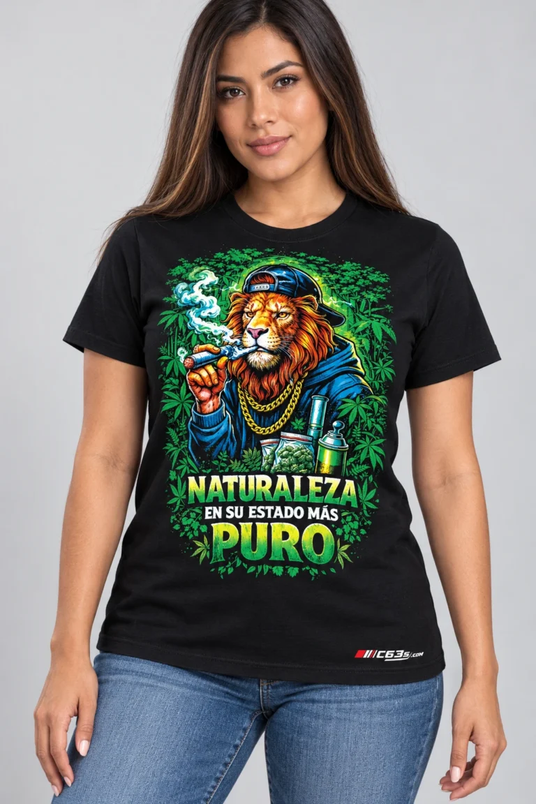 Naturaleza Lion on a model wearing a black graphic T-shirt with C63s.com hem branding