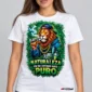 Naturaleza Lion on a model wearing a white graphic T-shirt with C63s.com hem branding