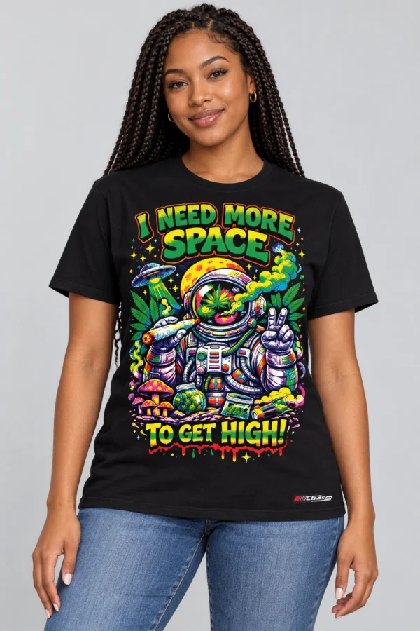 Need More Space on a model wearing a black graphic T-shirt with C63s.com hem branding