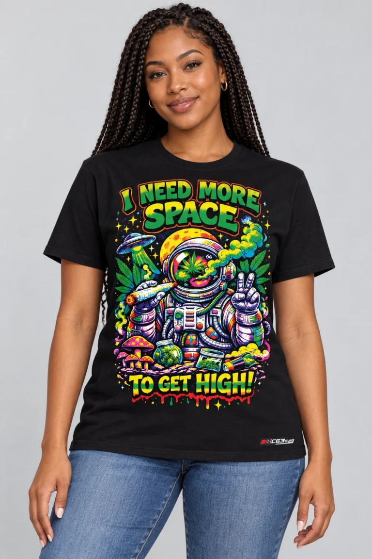 Need More Space on a model wearing a black graphic T-shirt with C63s.com hem branding