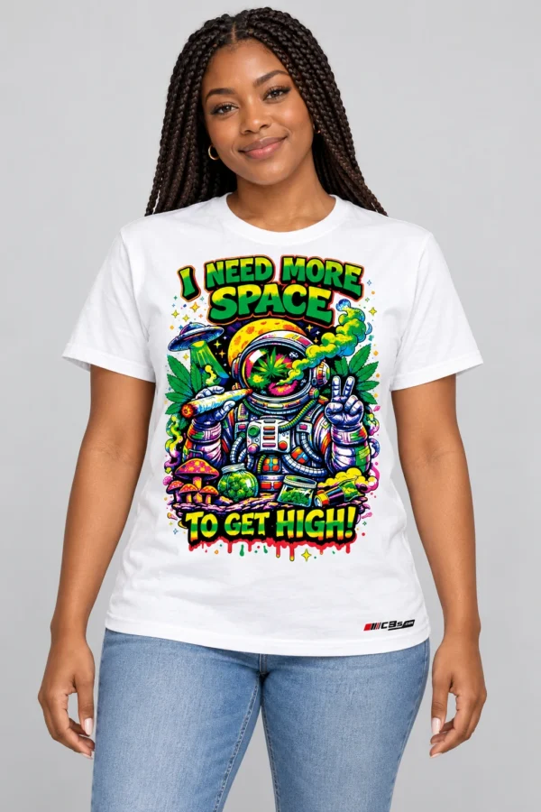 Need More Space on a model wearing a white graphic T-shirt with C63s.com hem branding