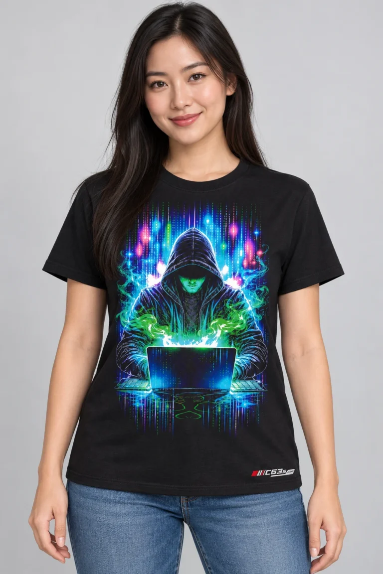 Neon Code on a model wearing a black graphic T-shirt with C63s.com hem branding