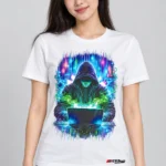 Neon Code on a model wearing a white graphic T-shirt with C63s.com hem branding