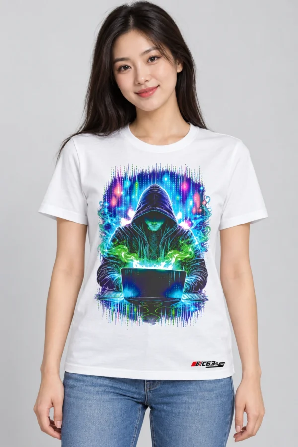 Neon Code on a model wearing a white graphic T-shirt with C63s.com hem branding