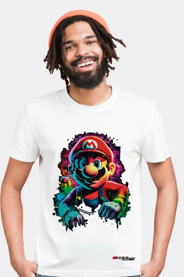 Neon Mario graphic T-shirt — White front view on the catalogue model