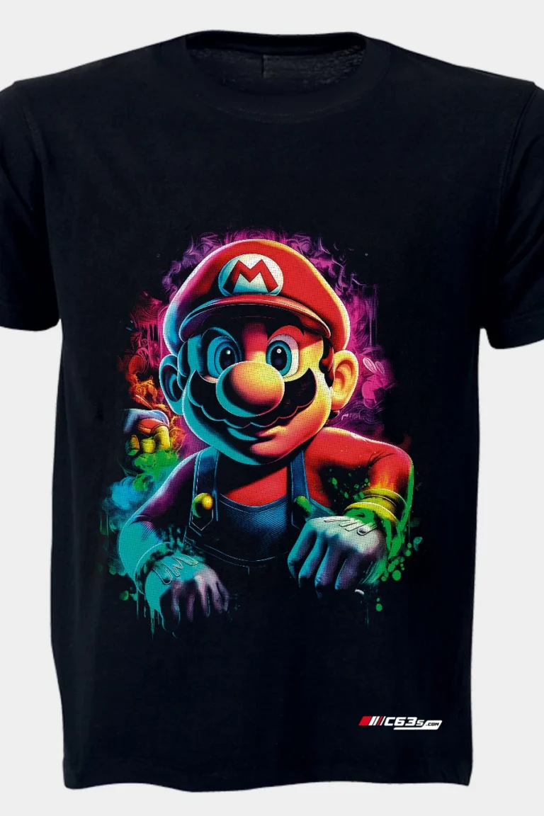 Neon Mario graphic T-shirt — Black shirt-only front view showing the design