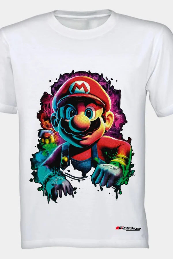 Neon Mario graphic T-shirt — White shirt-only front view showing the design