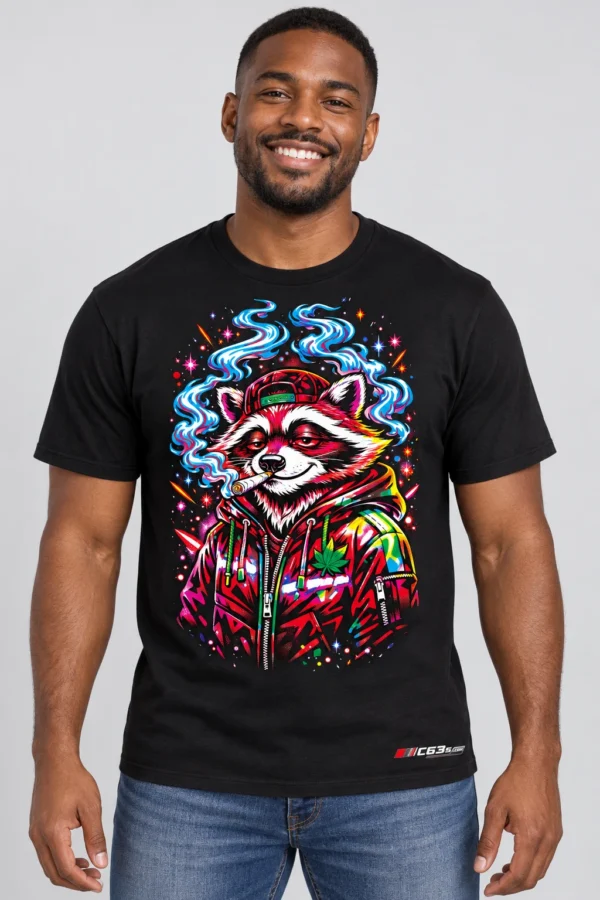 Neon Raccoon on a model wearing a black graphic T-shirt with C63s.com hem branding