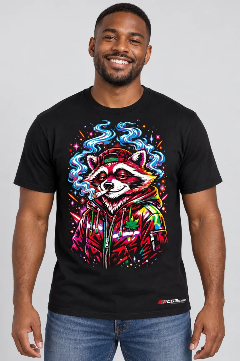 Neon Raccoon on a model wearing a black graphic T-shirt with C63s.com hem branding