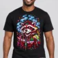Neon Raccoon on a model wearing a black graphic T-shirt with C63s.com hem branding