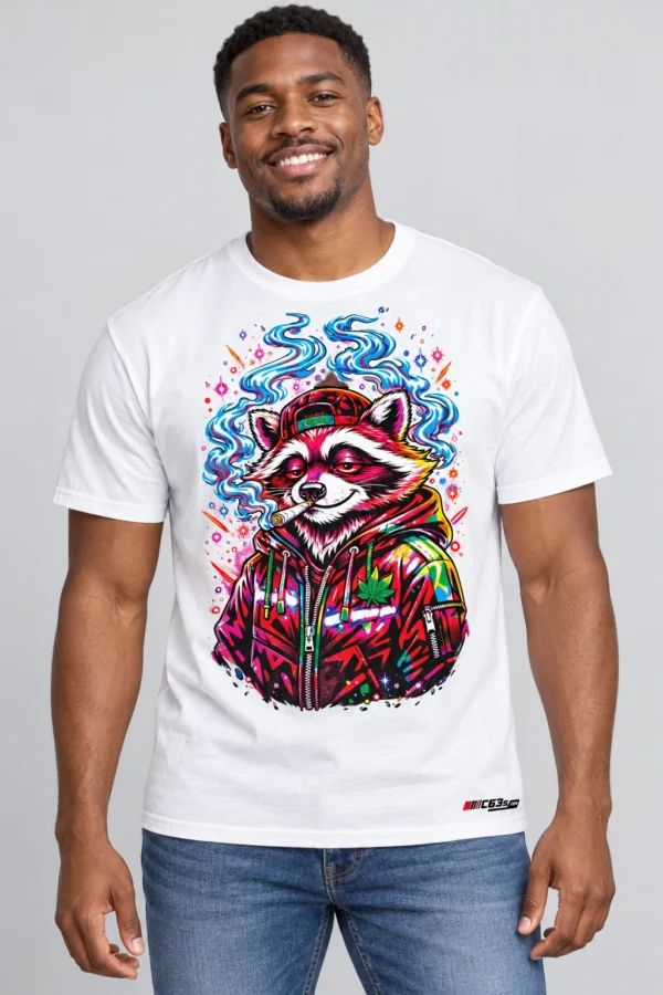 Neon Raccoon on a model wearing a white graphic T-shirt with C63s.com hem branding