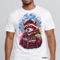 Neon Raccoon on a model wearing a white graphic T-shirt with C63s.com hem branding
