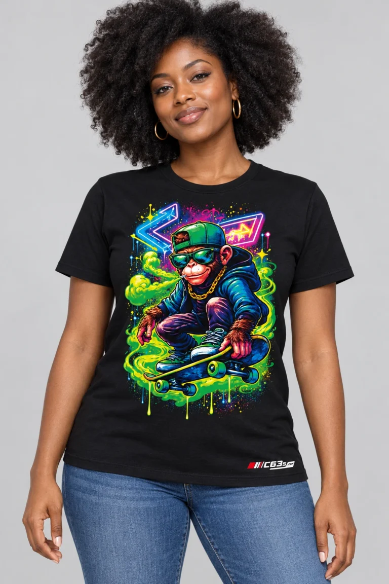 Neon Skater Monkey on a model wearing a black graphic T-shirt with C63s.com hem branding