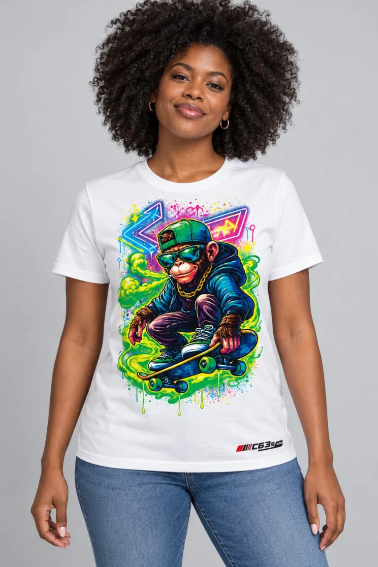 Neon Skater Monkey on a model wearing a white graphic T-shirt with C63s.com hem branding