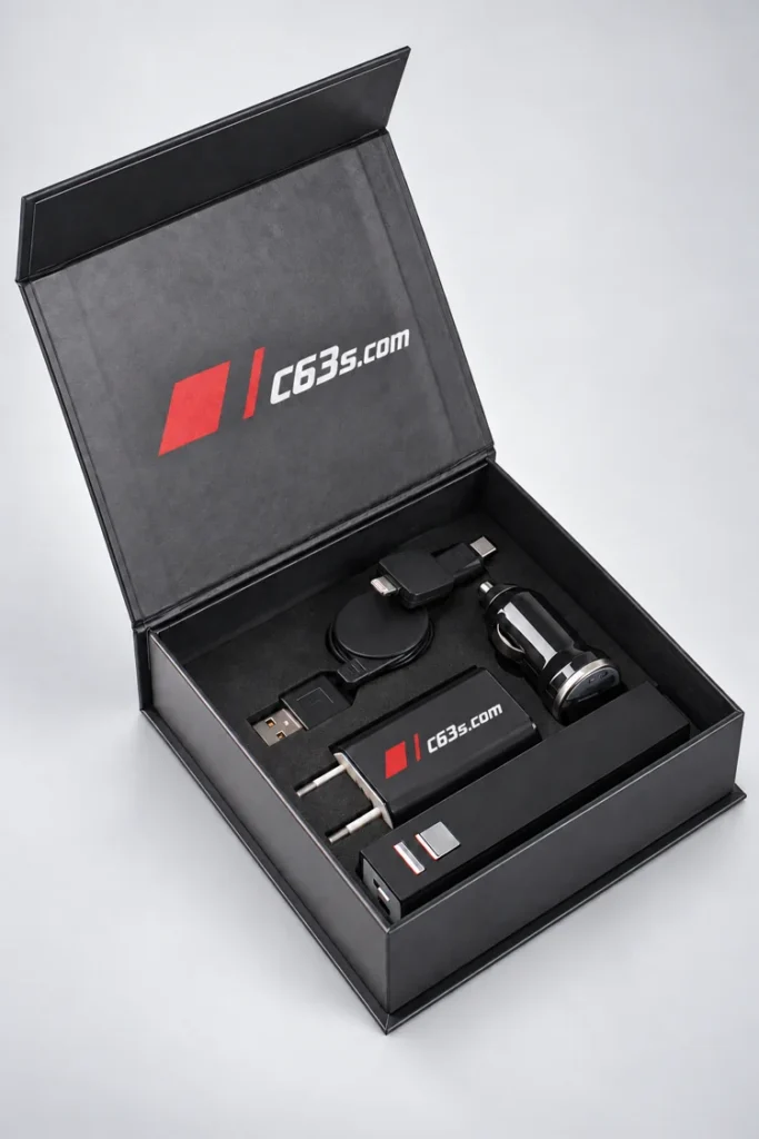 C63s Four-Piece Tech Gift Set branded product mockup