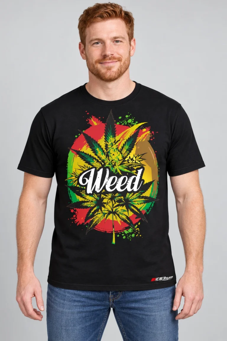 Rasta Leaf on a model wearing a black graphic T-shirt with C63s.com hem branding