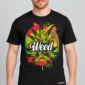Rasta Leaf on a model wearing a black graphic T-shirt with C63s.com hem branding