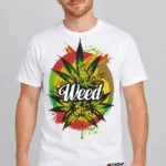 Rasta Leaf on a model wearing a white graphic T-shirt with C63s.com hem branding