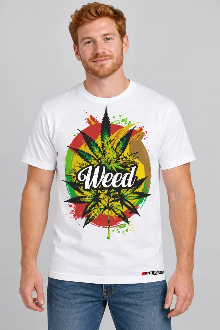 Rasta Leaf on a model wearing a white graphic T-shirt with C63s.com hem branding