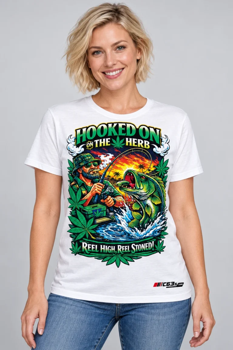 Reel High on a model wearing a white graphic T-shirt with C63s.com hem branding