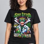 Science of Sativa on a model wearing a black graphic T-shirt with C63s.com hem branding