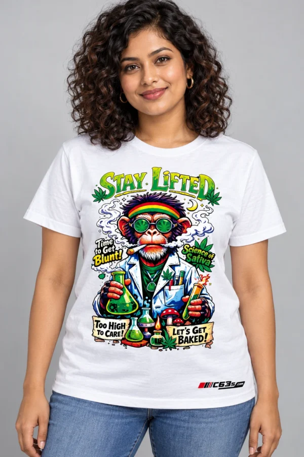 Science of Sativa on a model wearing a white graphic T-shirt with C63s.com hem branding