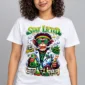 Science of Sativa on a model wearing a white graphic T-shirt with C63s.com hem branding