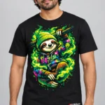 Slow Glow Sloth on a model wearing a black graphic T-shirt with C63s.com hem branding