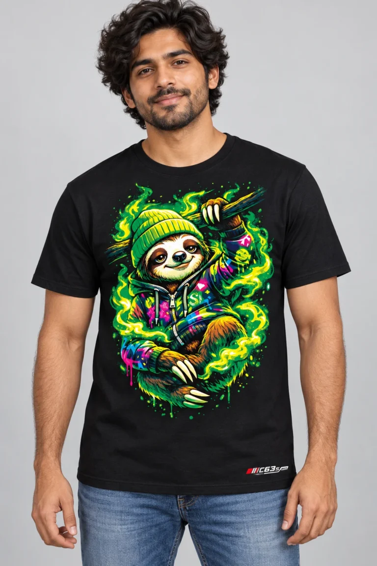 Slow Glow Sloth on a model wearing a black graphic T-shirt with C63s.com hem branding