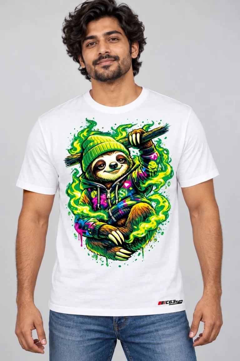 Slow Glow Sloth on a model wearing a white graphic T-shirt with C63s.com hem branding
