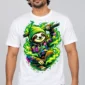 Slow Glow Sloth on a model wearing a white graphic T-shirt with C63s.com hem branding