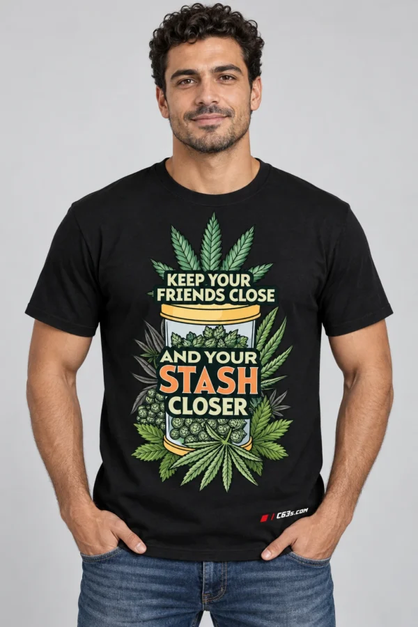 Stash Closer on a model wearing a black graphic T-shirt with C63s.com hem branding
