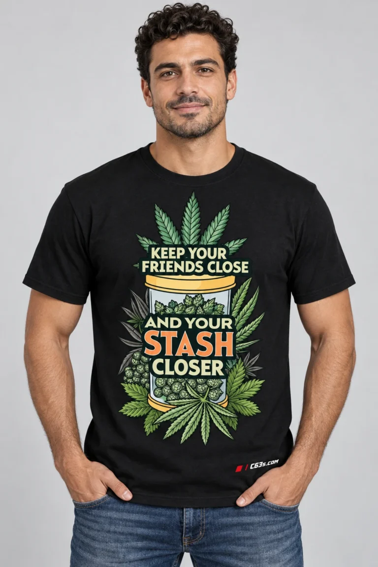 Stash Closer on a model wearing a black graphic T-shirt with C63s.com hem branding