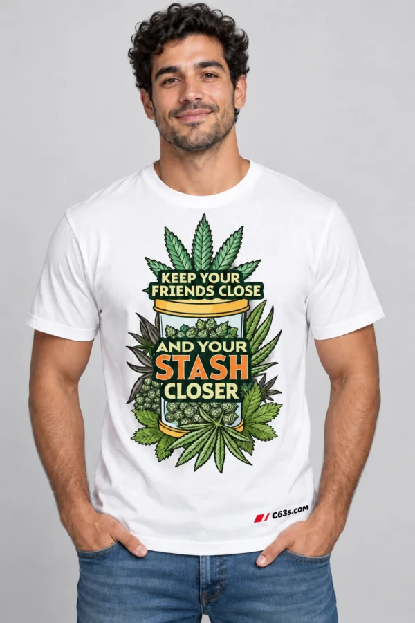 Stash Closer on a model wearing a white graphic T-shirt with C63s.com hem branding