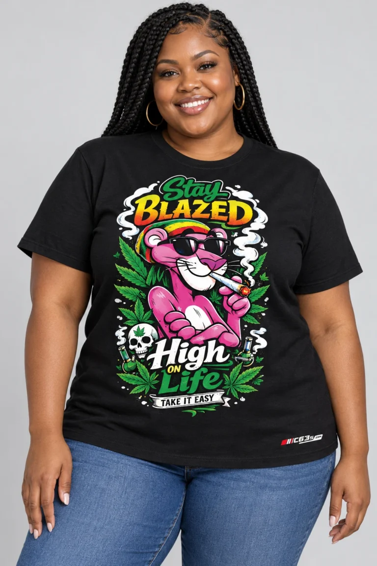 Stay Blazed Panther on a model wearing a black graphic T-shirt with C63s.com hem branding